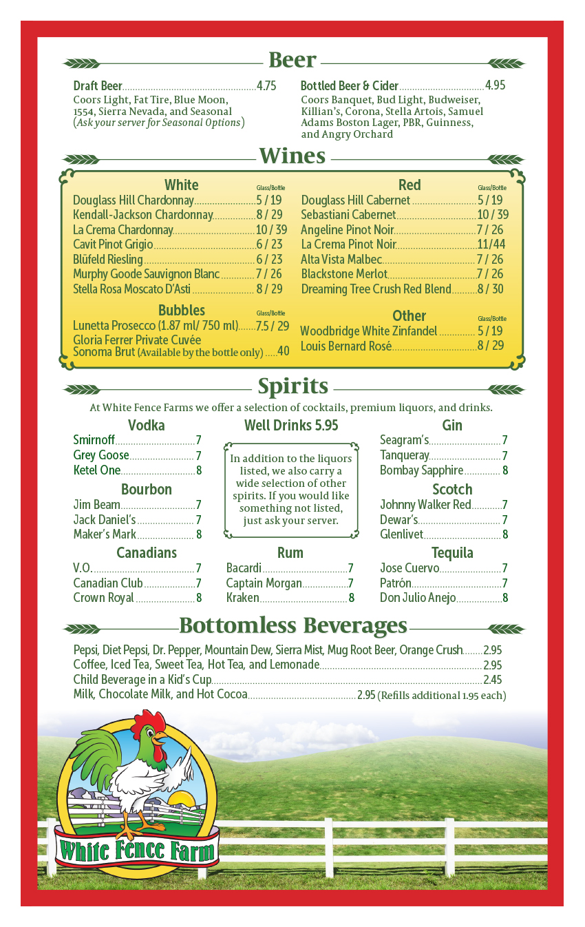 White Fence Farm Drinks Menu